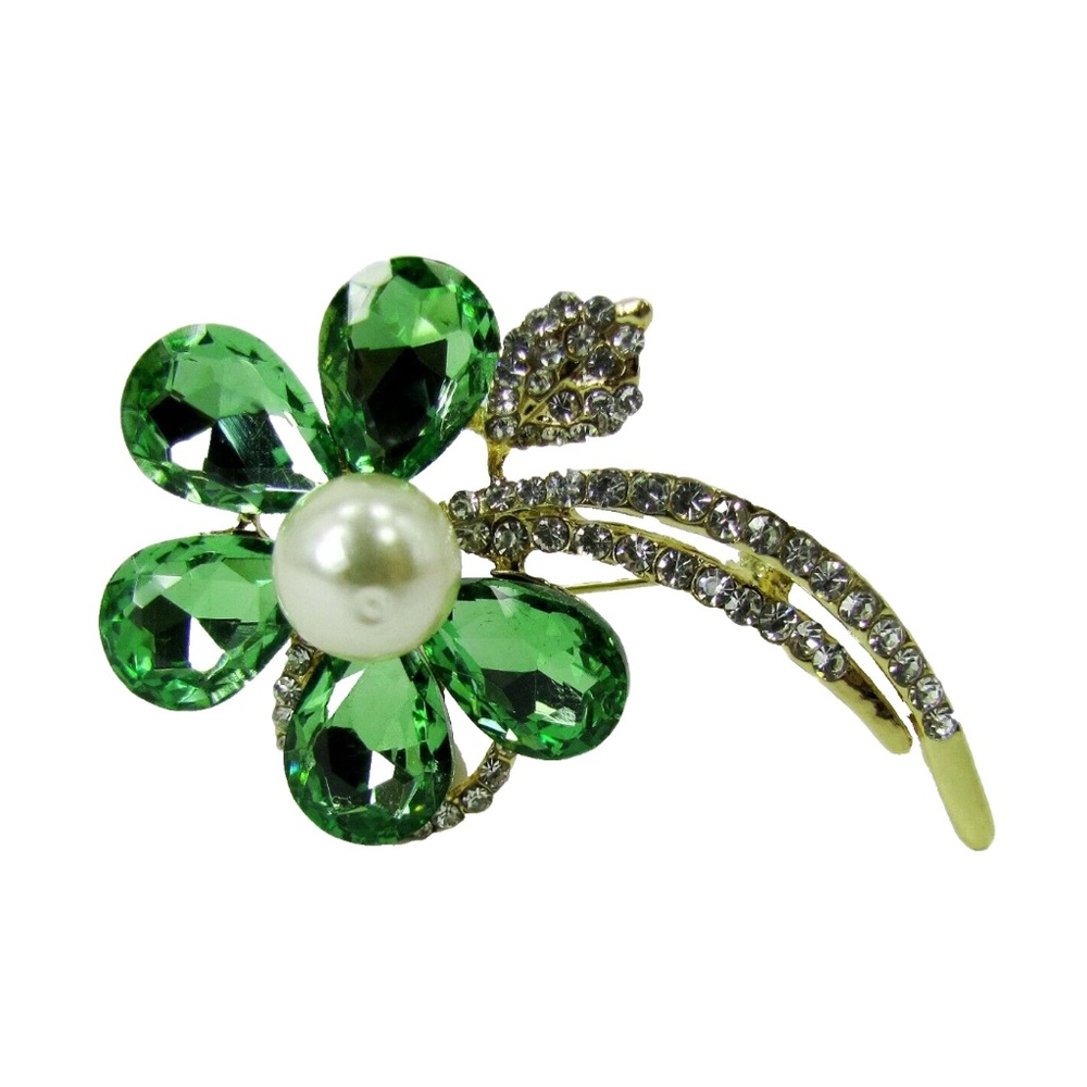 Green Crystal and Pearl Flower Brooch Pin, A Sparkling Floral Jewelry Pin